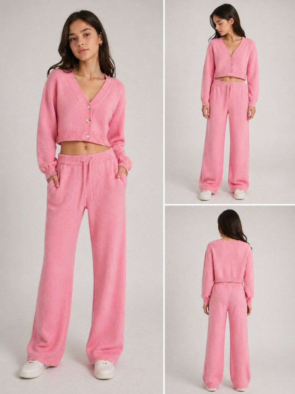 Pink Knit Lounge Set Cropped Cardigan Wide Leg Pants Minimal Chic
